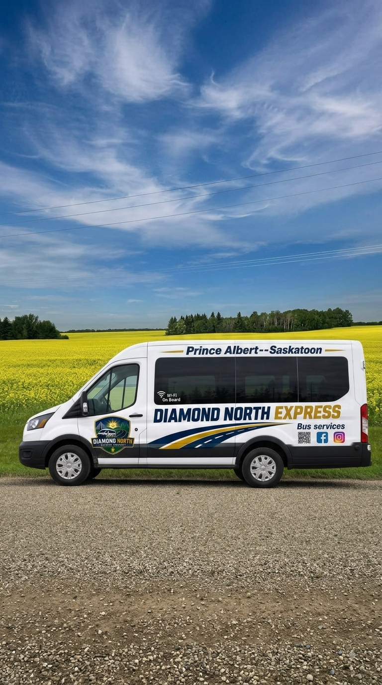 Diamond North Express modern coach bus on a scenic Saskatchewan highway